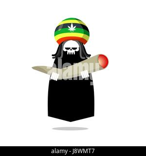 Mort ou mixte offre Rasta spliff. Rasta dreadlocks crâne et béret. Pour Grim Reaper rastafariens. Démon jamaïcaine holding de la marijuana et de fumeurs. Illustration de Vecteur