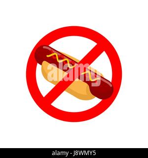 Ban hot dog. Arrêter la restauration rapide. Saucisses savoureuses et bun. Lent contre les aliments. Signe d'interdiction rouge. Illustration de Vecteur