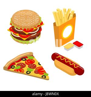 Fast food jeu isométriques. Hamburger juteux et les hacher. Les frites dans du papier fort. Le ketchup et la sauce au fromage. Morceau de pizza fraîche avec de la saucisse et Tom Illustration de Vecteur