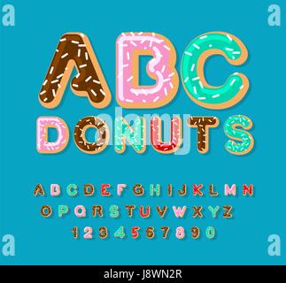 Donuts. ABC alphabet à secteurs. Cuites dans des lettres d'huile. dégivrage et aspersion. Typographie comestible. Lettrage des aliments. Donut font Illustration de Vecteur