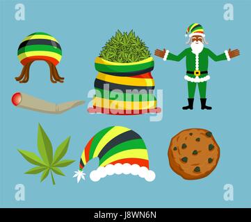 Nouvelle Année Rasta icons set. Le Père Noël et gros sac de chanvre. sac de marijuana. pile de cannabis vert. Grosses articulations ou spliff. Fumer de la drogue. Grand joyeux Illustration de Vecteur