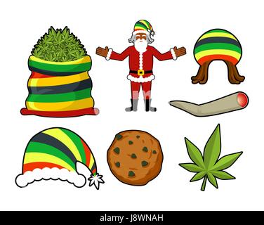 Noël Rasta icons set. Le Père Noël et gros sac de chanvre. sac de marijuana. pile de cannabis vert. Grosses articulations ou spliff. Fumer de la drogue. Cheerful gran Illustration de Vecteur