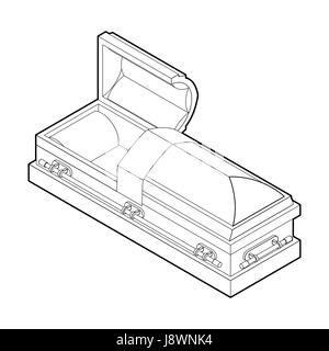 Cercueil ouvert en style linéaire. Cercueils en bois pour l'enterrement. Corbillard rouge. Illustration religieuse Illustration de Vecteur