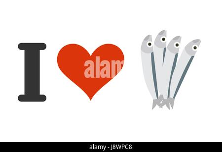 J'aime les anchois. Coeur et de petits poissons. Logo pour les amateurs de fruits de mer Illustration de Vecteur