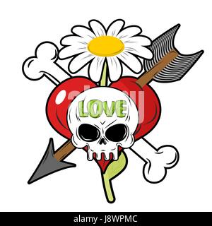 La mort et l'amour. Crâne et cœur rouge. Signer pour les tatouages. La camomille et l'os. La flèche de Cupidon. Logo pour les amoureux. Logo pour la Saint Valentin. Illustration de Vecteur