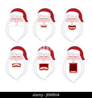 Emoji Santa collection. Santa Claus ensemble d'émotions. En colère et drôle. Des cris et il sourit. Visage de Noël. Nouvelle année grand-père tête. Un bouchon rouge Illustration de Vecteur