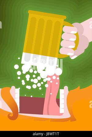 Leprechaun boire de la bière. Gnome effrayant barbe rougeâtre et chope de bière. Ouvrir la bouche et de la langue. L'illustration pour la St Patrick Day. Fête nationale à Irel Illustration de Vecteur