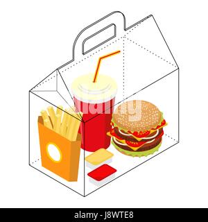 Boîte de fast-food. L'emballage pour le petit-déjeuner. Frites et hamburger. Sauce au fromage et du ketchup. verre en rouge tasse Illustration de Vecteur