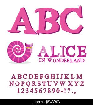 Alice au Pays des merveilles font. ABC fée Alphabet Cheshire Cat.. mad Ensemble de lettres. Bête magique avec une longue queue rayée Illustration de Vecteur