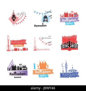 Jeu de logos. Neuf morceaux avec du texte sur fond blanc. La traduction de l'Arabe : le ramadan Illustration de Vecteur