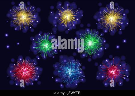 Ensemble de vecteur mousseux multicolores célébration d'artifice. Le jour de l'indépendance du 4 juillet, jour de l'an arrière-plan. Illustration de Vecteur