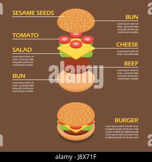 Burger de isométrique infographique ingrédients. Vector illustration Illustration de Vecteur
