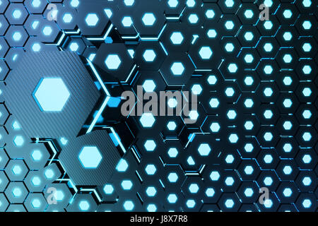 Blue abstract background rougeoyant hexagonale, concept futuriste. Le rendu 3D Banque D'Images