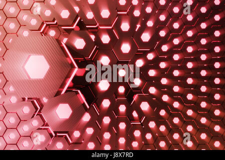 Résumé rouge fond rougeoyant hexagonale, concept futuriste, 3D Rendering Banque D'Images
