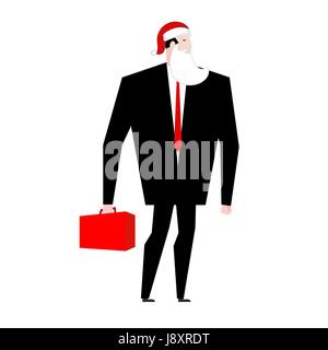 Patron Faux Père Noël barbe et bonnet rouge. Masque de fête d'affaires. L'homme en costume avec valise. Noël à l'office. la nouvelle année à Illustration de Vecteur