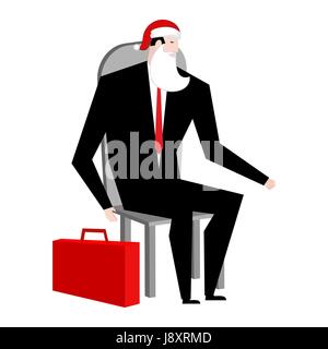 Patron Faux Père Noël barbe et bonnet rouge. Masque de fête d'affaires. L'homme en costume avec valise. Noël à l'office. la nouvelle année à Illustration de Vecteur