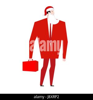 Patron Faux Père Noël barbe et bonnet rouge. Masque de fête d'affaires. L'homme en costume avec valise. Noël à l'office. la nouvelle année à Illustration de Vecteur