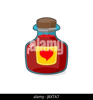 Love Potion bouteille. Récipient en verre avec bouchon en bois. Sticker Symbole de cœur. Bateau magique dans un style de dessin animé. Vector illustration Illustration de Vecteur