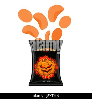 Citrouille Halloween jetons avec saveur. Des collations pour vacances redouté en noir l'emballage. Illustration Vecteur de nourriture fond blanc Illustration de Vecteur