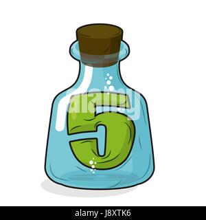 Cinq dans magic jar. La figure 5 en bouteille laboratoire pour essais et recherches. Le flacon en verre avec un bouchon. Ampoule transparente magique Illustration de Vecteur