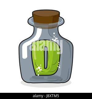 D en bouteille. Lettre verte en pot en verre bleu. Flacon de potion magique et d'un bouchon en bois. Vector illustration d'un navire fiole laboratoire Illustration de Vecteur