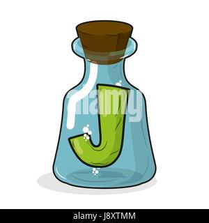 J En rétro. bouteille flacon de laboratoire Lettre à l'ancienne potion magique bouteille avec bouchon en bois. Bouteille pour la recherche scientifique et l'expérimentation. Vector Illustration de Vecteur