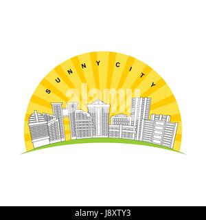 Ville ensoleillée. Nouveau logo pour la ville moderne quartier prestigieux. Gratte-ciel et bâtiments sur fond de lever de soleil. Logo pour l'industrie de l'immobilier Illustration de Vecteur