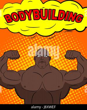 L'athlète afro-américain dans le style pop art de bodybuilder formés montre gros biceps. Texte bulle avec le culturisme. Retro vector illustration Illustration de Vecteur