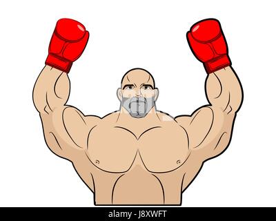 Vainqueur, champion de boxe. Homme fort sur fond blanc. Dans bkserskih bodybuilder gants. Athlète Sports leva les mains vers le haut. Vector illustration o Illustration de Vecteur