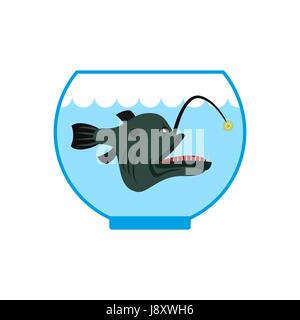 Dans un aquarium de poissons de haute mer. Terrible baudroie en captivité. L'eau d'éviction comme monster pet. Illustration de Vecteur