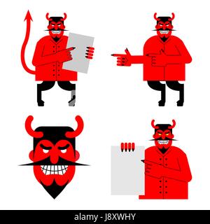 Définissez satan et diable. Démon dans différentes poses. Effrayant démon rouge montre en blanc. Chef Beelzebubs avec sourire et cornes Illustration de Vecteur