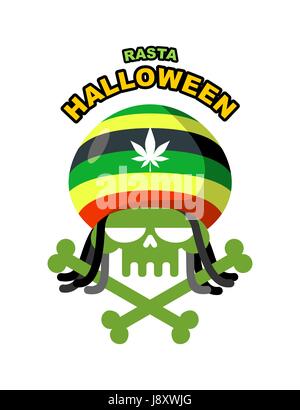 Rasta soir d'Halloween. Addict du crâne avec des dreadlocks et des os. Les feuilles de couleur Rasta avec marihuanny, chanvre. Logo d'illustration vectorielle pour les vacances. Illustration de Vecteur