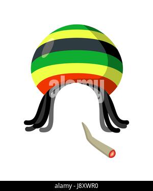 Chapeau Rasta avec des dreadlocks sur fond blanc. Spliff fumeurs de cannabis de drogue. Jamaican Hat Illustration de Vecteur