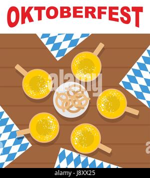 Table et verres. Vue du haut. Plaque avec des bretzels, des collations pour la bière. L'Oktoberfest. Ornement napperon de bleu. Festival national de l'alimentation traditionnelle pour Illustration de Vecteur