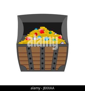 Coffre à Trésor. L'or et pierres précieuses dans la poitrine ouverte. Boîte en bois plein de bijoux et de pièces d'or. Vector illustration symbole de richesse Illustration de Vecteur