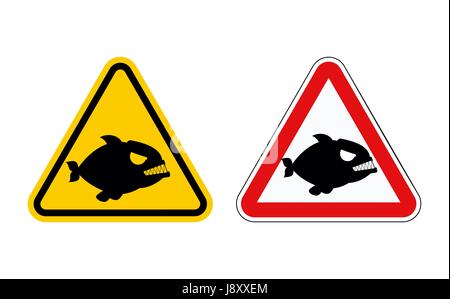 Dangereux prédateur marin. Attention de Piranha. Symboles de danger. Jeu d'étiquettes pour plage de mer andocean. Illustration de Vecteur