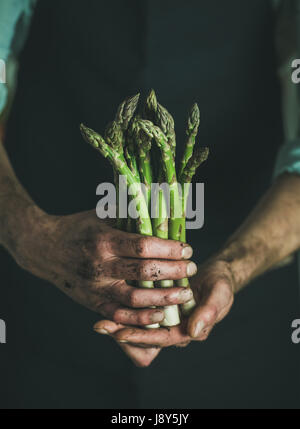 Bouquet de fruits frais de saison asperges dans dirty man's hands Banque D'Images