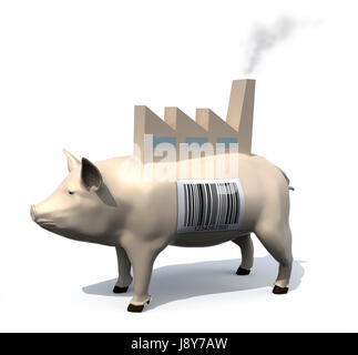Porc avec un code-barres sur la peau et une usine sur son dos, 3d illustration Banque D'Images