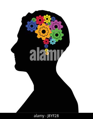 Silhouette latérale de la tête de l'homme montrant des cogs colorés à l'intérieur de sa tête représentant le cerveau et le processus de pensée. Illustration de Vecteur