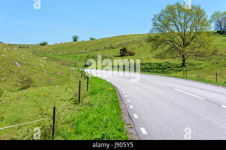 Route de campagne étroite massifs à travers la vallée à côté d'un chêne. Lieu Brosarp dans Scania, la Suède. Banque D'Images