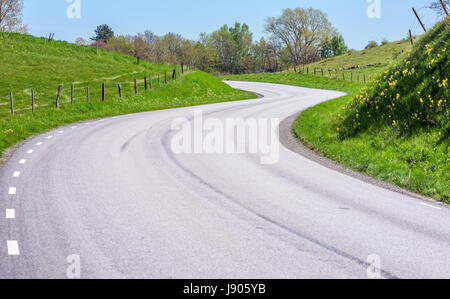 Route de campagne qui serpente dans une vallée verso par pâturage et coucou bleu. L'emplacement, en Brosarp Scania, la Suède. Copier l'espace. Banque D'Images