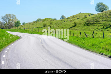 Route de campagne dans la pittoresque colline paysage. Personne assise sur le roc en ce qui concerne la distance, sur la vista. Lieu Brosarp dans Scania, la Suède. Banque D'Images