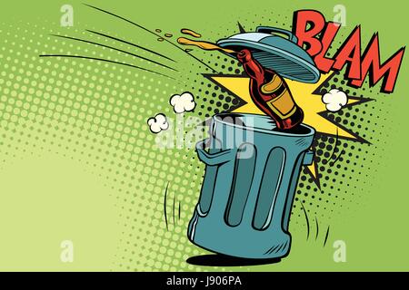 Arrêt de l'alcool, bière bouteille vole à la poubelle. Cartoon illustration bande dessinée pop art retro style vector Illustration de Vecteur