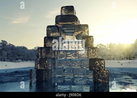 Le rendu 3D de la maison construite avec des cubes de glace sur un lac gelé en face de la lumière du soleil du soir Banque D'Images