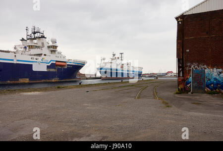 Ville de Dunquerke, Normandie, France : secteur de l'autorité portuaire avec les quais et entrepôts où plusieurs types de matières premières sont stockées Banque D'Images