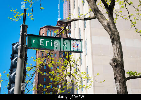 Chicago Illinois près de North Side Magnificent Mile N Michigan Avenue E Erie St Street scene street sign arbre arbres ciel bleu signal feux de circulation Banque D'Images