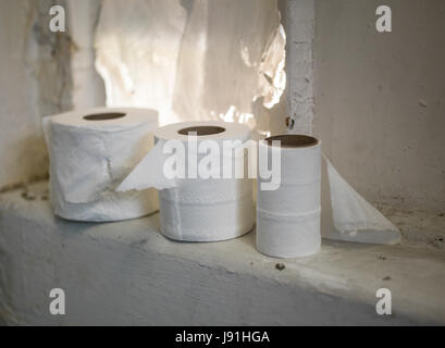 Rouleaux de papier toilette dans la salle de bains sale Banque D'Images