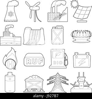 Sources d'énergie, les icônes éléments style contour Illustration de Vecteur