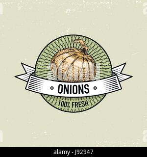 Oignons Vintage jeu d'étiquettes, emblème ou logo pour la nourriture végétarienne, les légumes faites à la main ou gravé. Ferme rétro style américain. Illustration de Vecteur