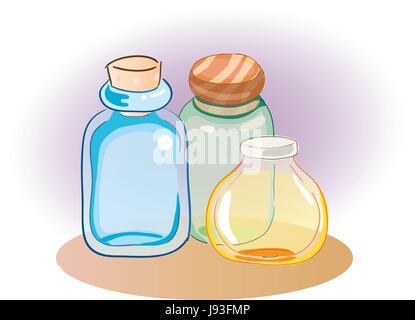 Trois pots, bouteilles de différentes couleurs, bleu, vert et orange, Vector illustration Illustration de Vecteur